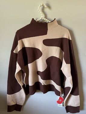 Cider Women's Brown & Cream Abstract Pattern Mock Neck Sweater